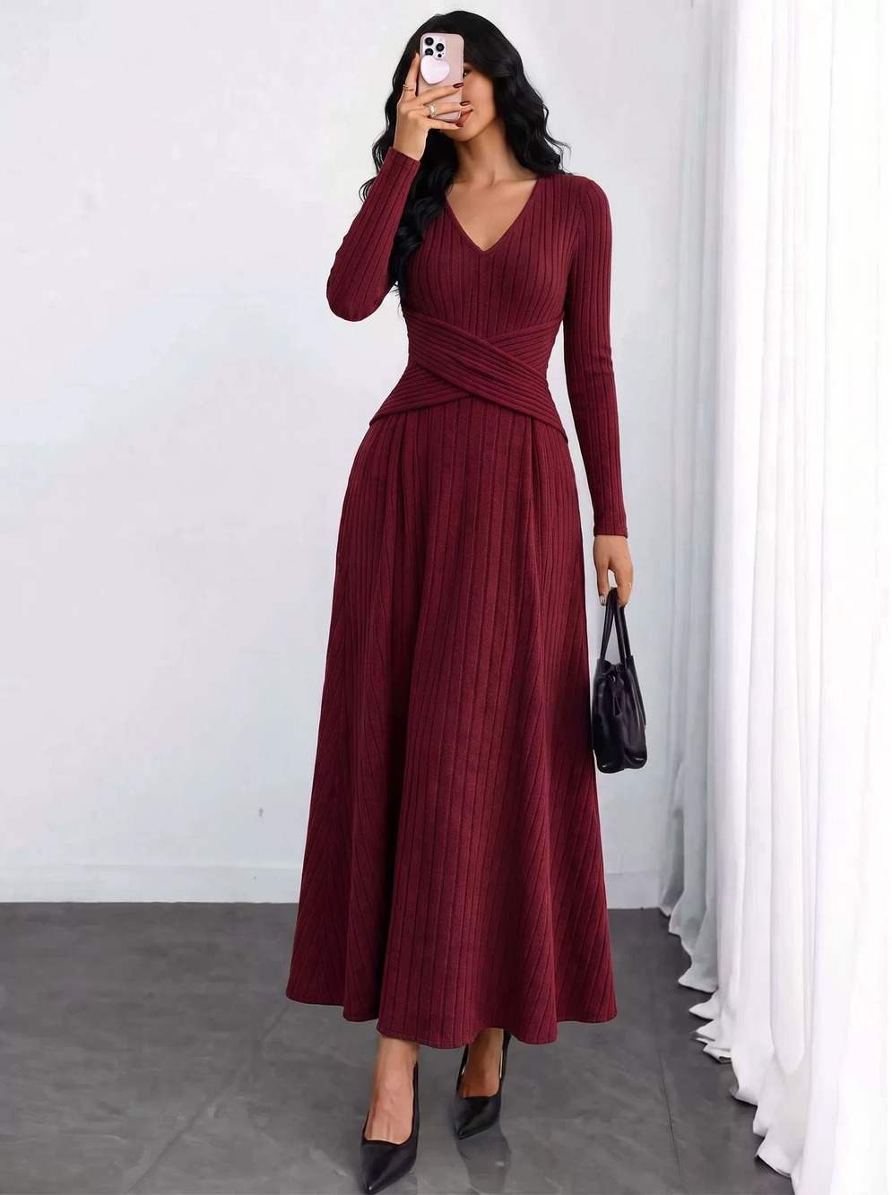 ZARA Autumn Winter Collared Long Sleeve High Waist Long Dress